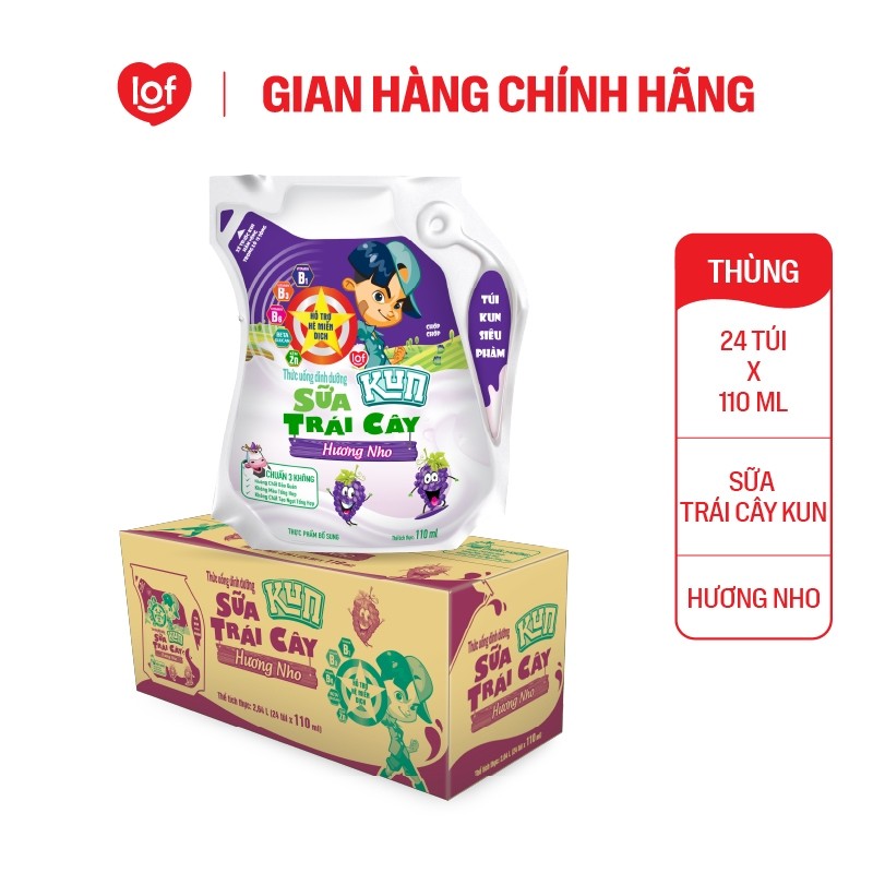Sữa trái cây KUN vị nho thùng 24 túi x 110ml