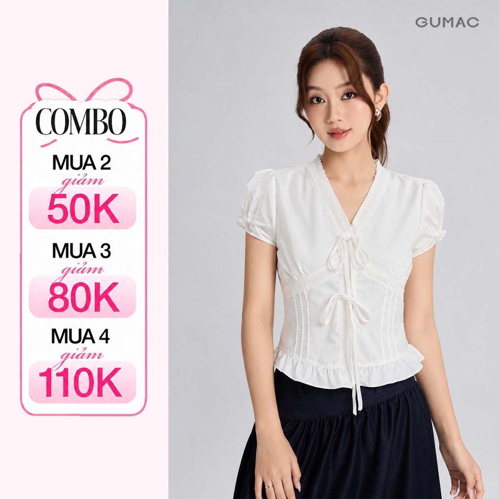 Áo Kiểu Nữ Gmorning Cổ V Tay Ngắn Phom Ôm Nhún Ngực Phối Viền Ren Lai Bèo Cách Điệu Dễ Thương YAG06005