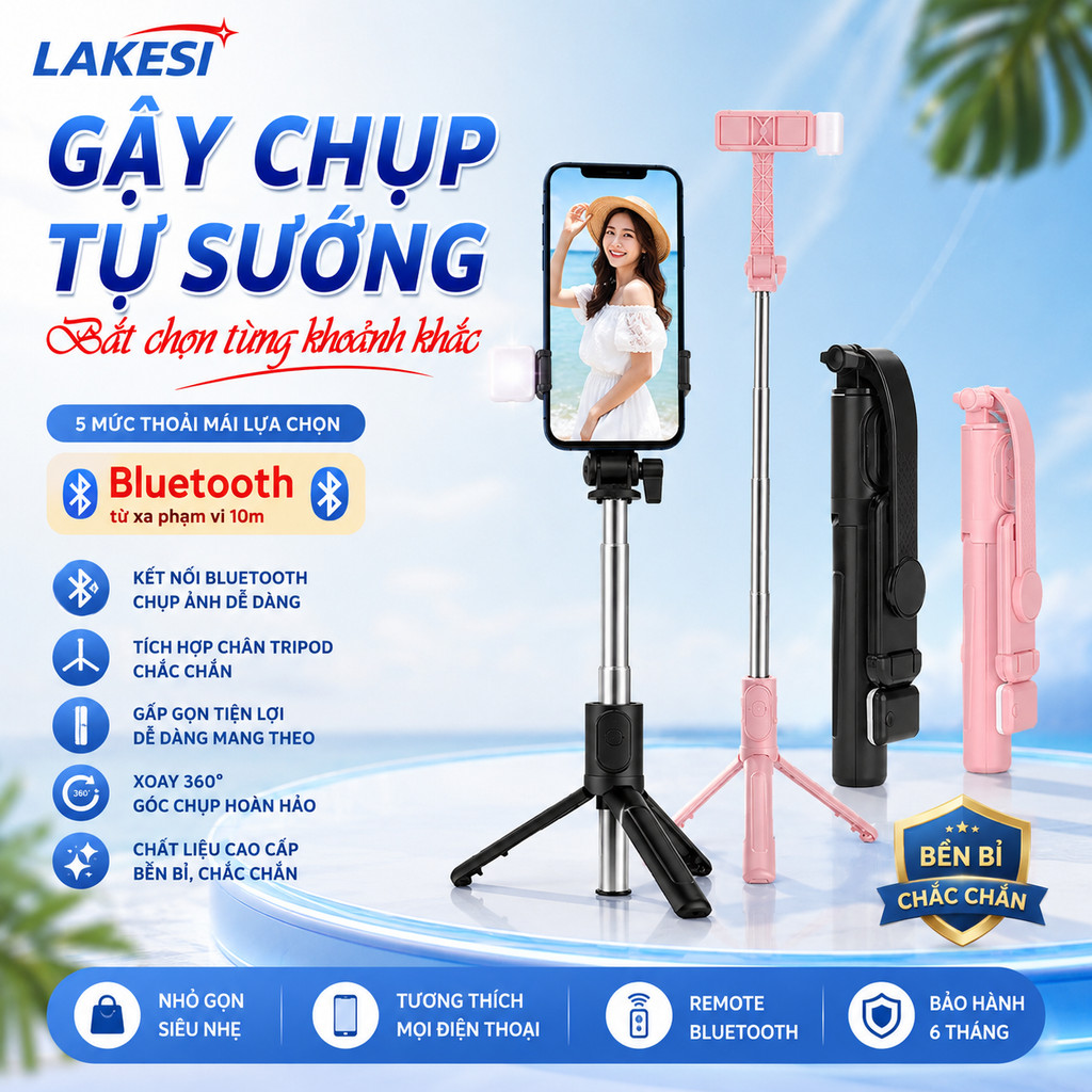 Gậy chụp hình gấp gọn, có remote kết nối bluetooth và đèn LED trợ sáng, quay được 360 độ.