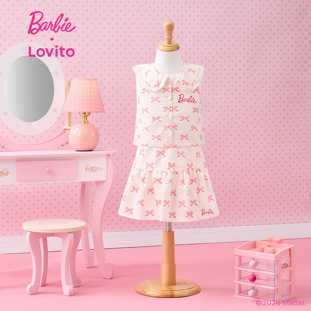 Barbie™ X Lovito Kids Bộ váy dễ thương xếp li nút jacquard xuân/hè bộ váy màu hồng cho bé gái KSBL4PAD035