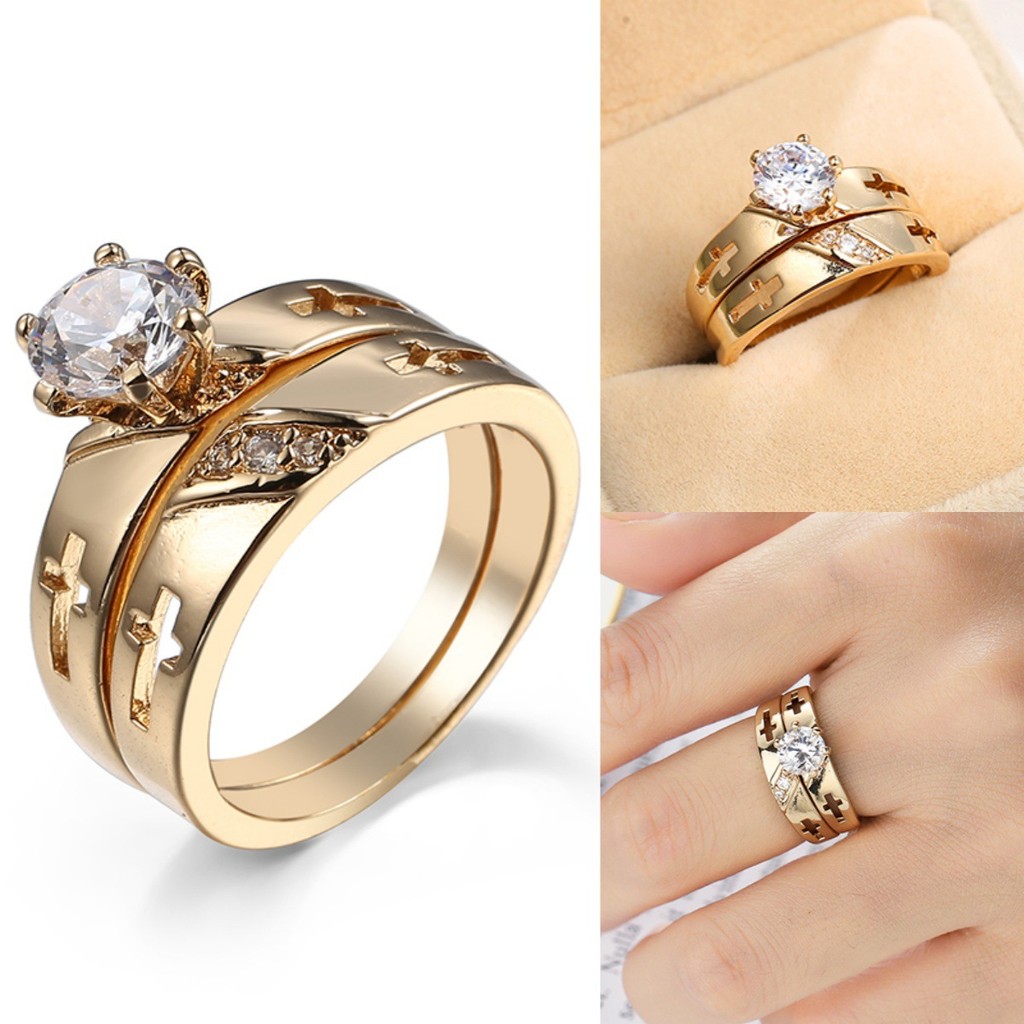 2 Chiếc Cao Cấp Nữ Nhẫn 925 Bạc Cz Zirconia Liên Minh Nhẫn Trang Sức Nữ Thiết Kế Vàng Cưới Cô Dâu Đính Hôn Nhẫn Nữ