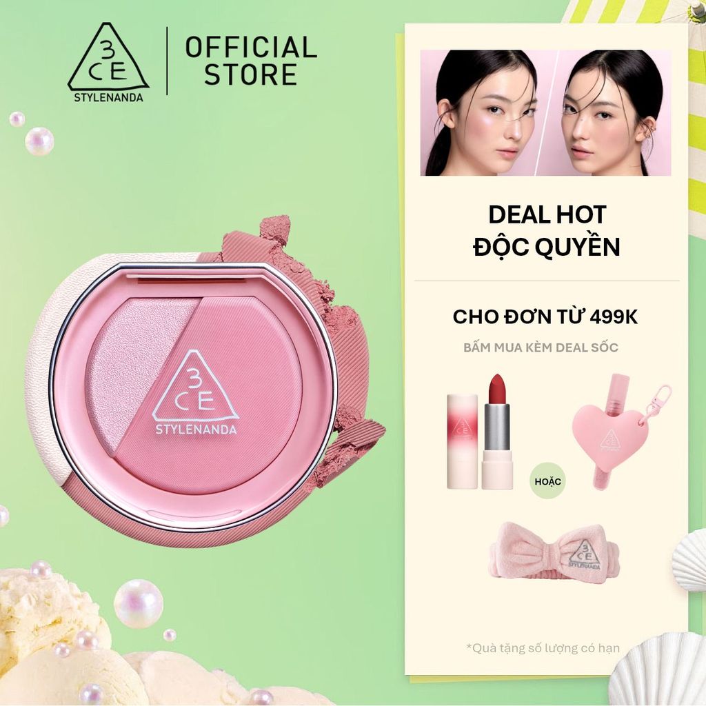 Phấn Má Hồng Bắt Sáng 3CE Blushlighter 2-Trong-1 Đa Năng, Dễ Tán, Tệp Da, Lâu Trôi, Rạng Rỡ Suốt Ngày Dài