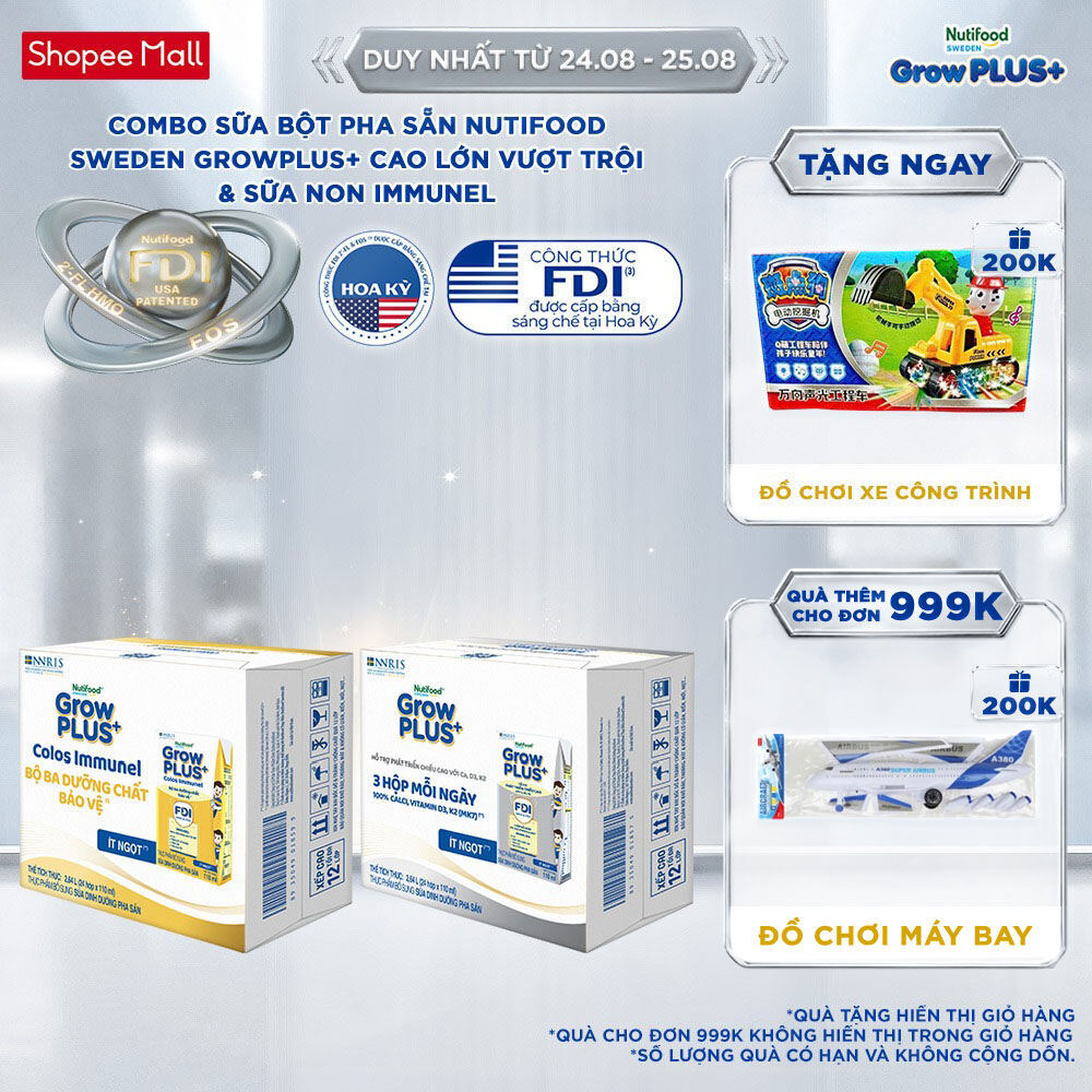 Combo Thùng 24 hộp SBPS GrowPLUS+ Cao lớn vượt trội hộp 110ml + Thùng 24 hộp SBPS GrowPLUS+ Sữa Non Immunel 110ml