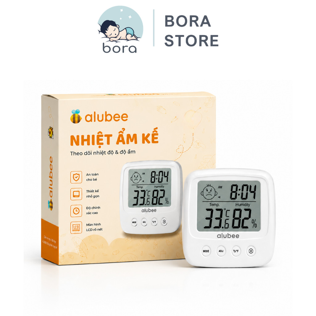Nhiệt ẩm kế điện tử 3 trong 1 Alubee đo nhiệt độ độ ẩm phòng cho bé hiển thị LCD báo thức đèn nền ban đêm