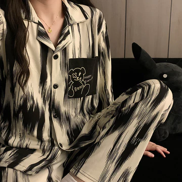 set thu đông nữ bộ đồ ngủ nữ dài tay Bộ đồ ngủ gấu đỏ trên mạng sọc phong cách mực mới 2026, bộ đồ cotton dài tay mẫu xuân thu nữ, đồ mặc nhà Hàn Quốc