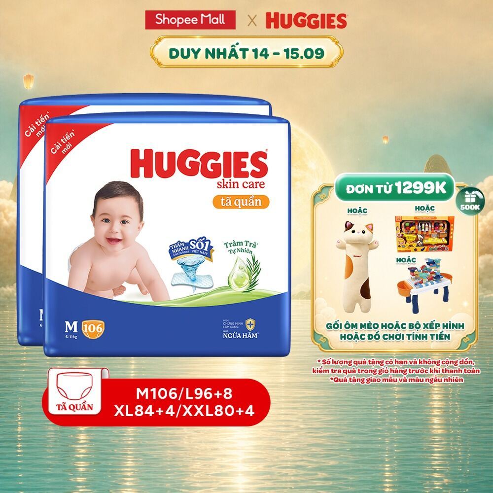 Combo 2 Tã/Bỉm quần Huggies Skincare Mega Jumbo M106/L96+8/XL84+4 với tràm trà dịu da