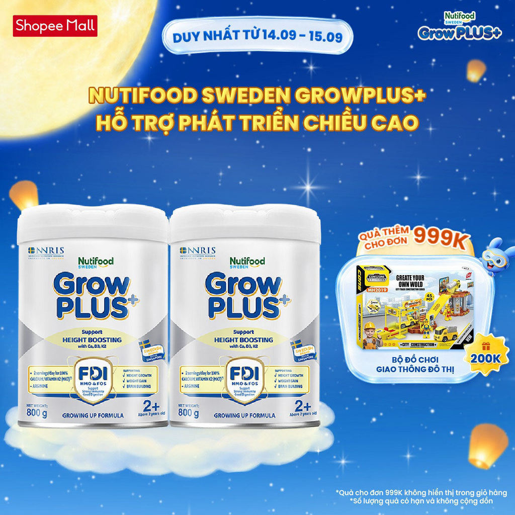 Combo 2 Sữa Bột Nutifood Sweden GrowPLUS+ Cao lớn vượt trội trên 2 tuổi (Bạc) 800g