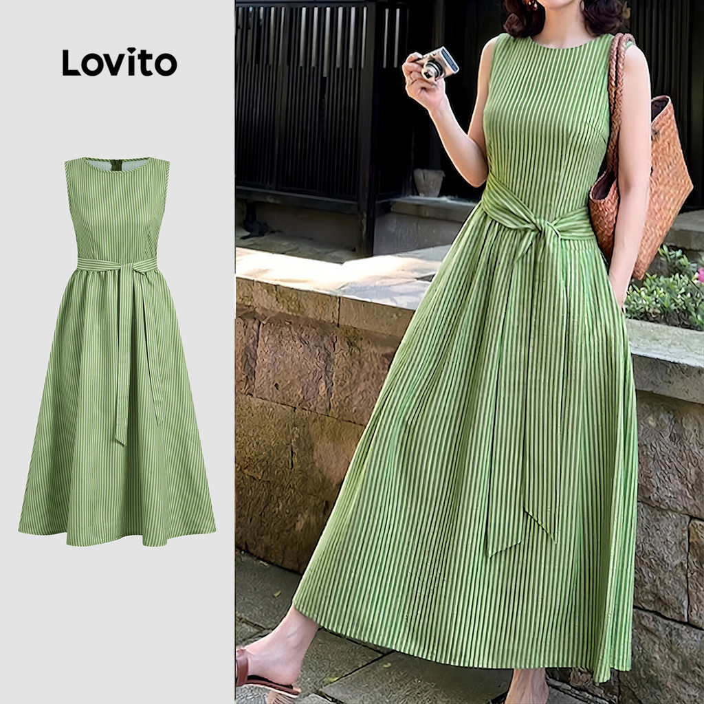 Lovito Đầm thanh lịch dáng rủ preppy mùa xuân/hè màu xanh lá cho nữ L198ED3244