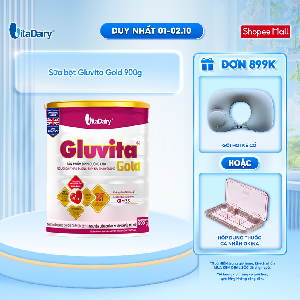 Sữa bột Gluvita Gold dành cho người tiểu đường - Giúp kiểm soát đường huyết - Lon 900g