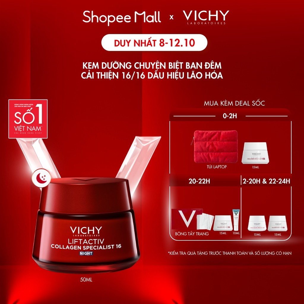 Kem dưỡng đêm Vichy Collagen 16 giúp trẻ hóa da, ngăn ngừa và giảm nếp nhăn, làm sáng da, giúp da căng đầy 50ml