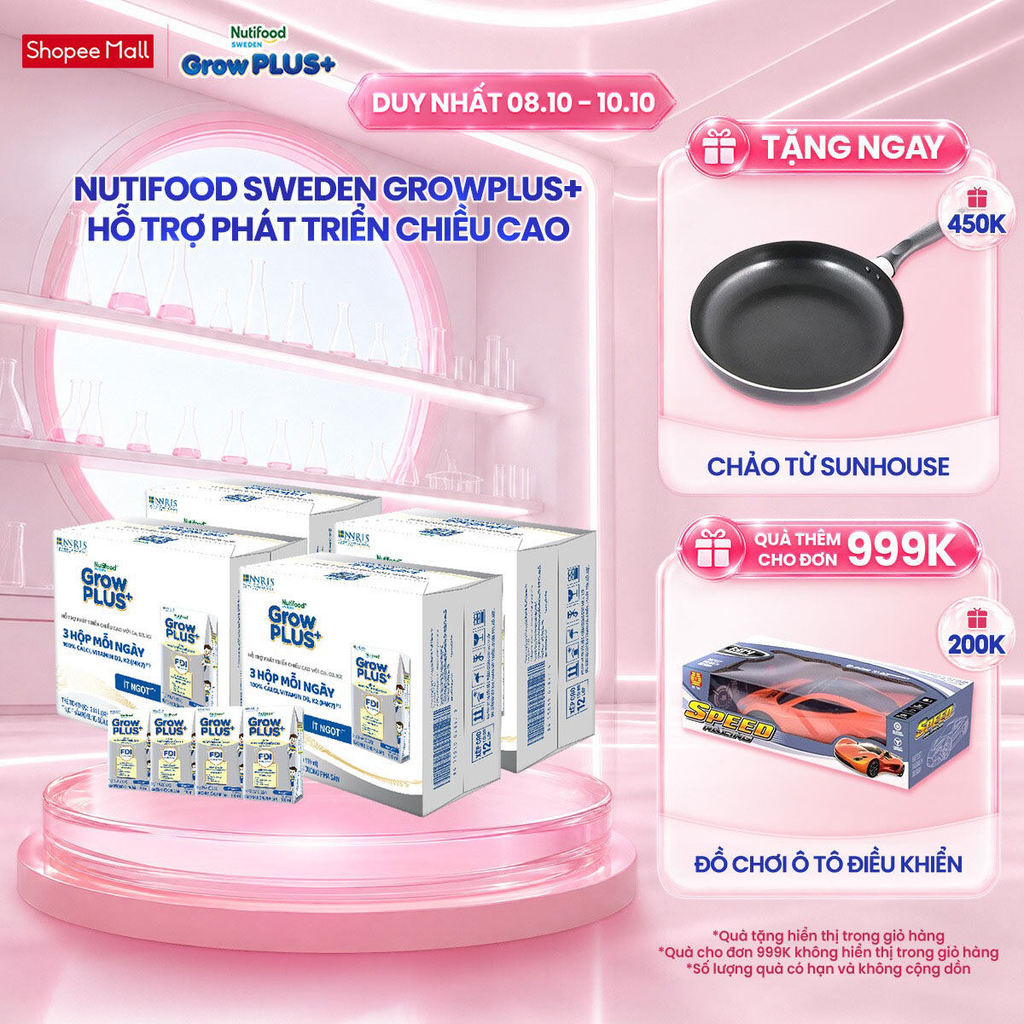 Combo 4 Thùng 24 hộp Sữa Bột Pha Sẵn Nutifood Sweden GrowPLUS+ Cao lớn vượt trội hộp 110 ml