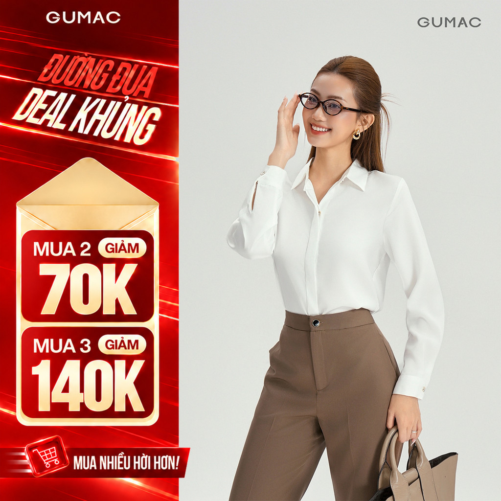 [VOUCHER 70K] Áo Sơ Mi Nữ Tay Dài GUMAC Áo Kiểu Công Sở Lụa Trơn Basic Cơ Bản Nẹp Đôi Giấu Nút BAE00003