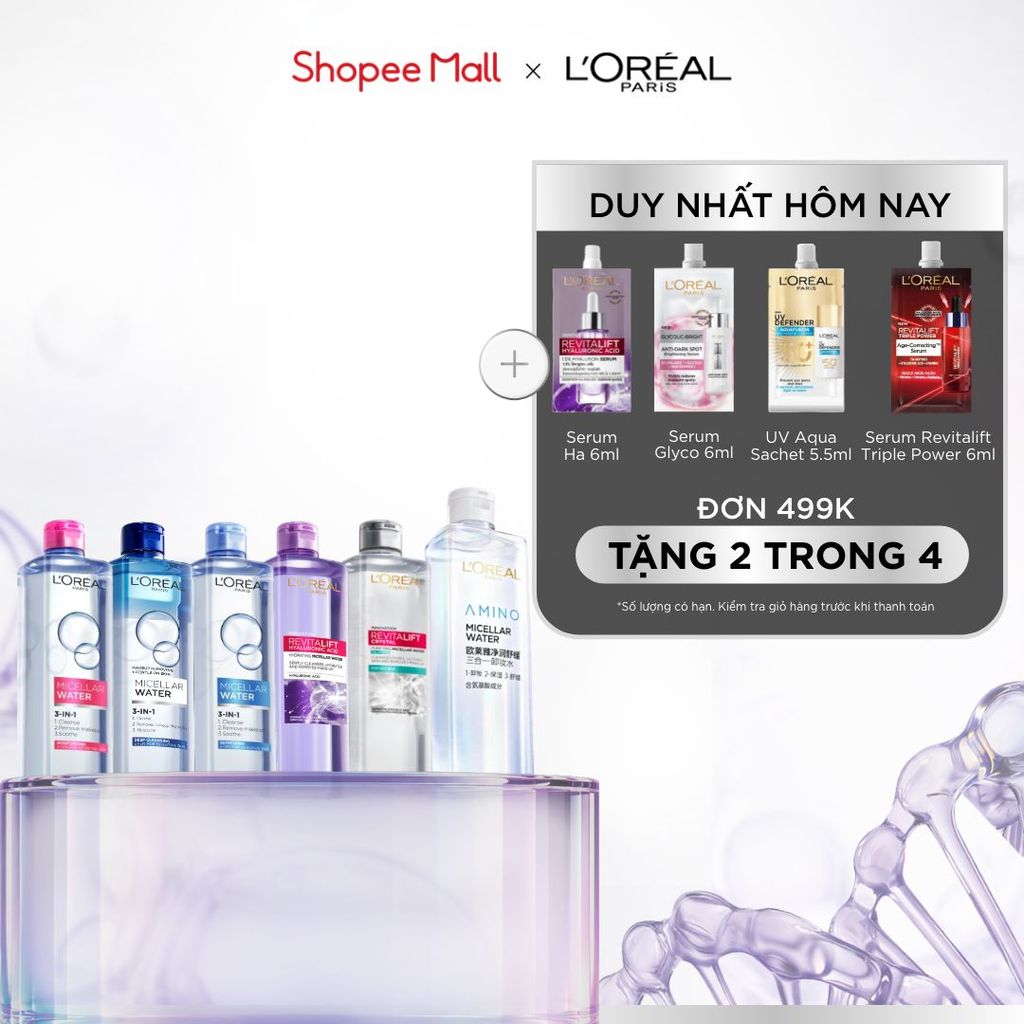 [AMINO MICELLAR MỚI] Nước tẩy trang làm sạch sâu, loại bỏ bụi bẩn & trang điểm 3-in-1 L'Oreal Paris Micellar Water 400ml