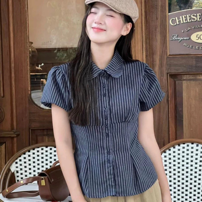 Áo Sơ Mi Nữ Tay Ngắn Bồng Cổ Đức Gấp Thắt Eo Dáng Lửng Chất Mềm Mát  - Ceci.studio - A547