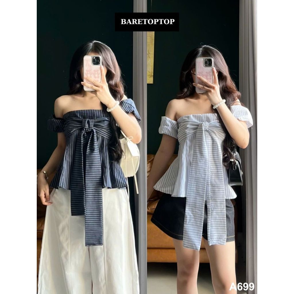 Áo kẻ trễ vai thắt dây ngực chiết eo tay bo chun mặc được nhiều kiểu (có cúc tháo rời) IVORY TOP_A699
