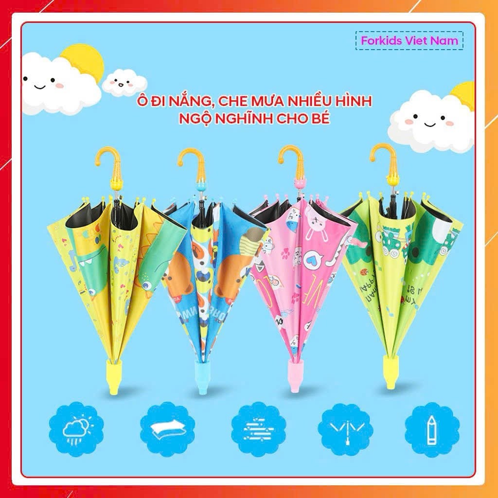 Ô Trẻ Em Kèm Còi Hoạt Hình Dễ Thương, Ô Dù Cán Dài Cho Bé Mẫu Chất Liệu Vài Dù Chống Tia UV, Chống Thấm Nước