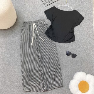 Set Bộ Bigsize Nữ Trẻ Trung Áo Lệch Vai Tay Ngắn Kèm Quần Suông Cho Chubby A284 Q534