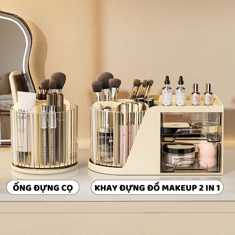 Khay Đựng Đồ Trang Điểm Để Bàn ENODA HOME, Khay Đựng Đồ Makeup Kèm Ống Đựng Cọ Xoay Tròn P056