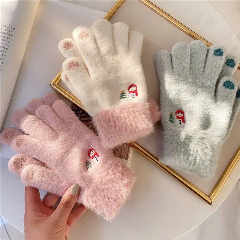 Găng tay len lông cừu mềm mại họa tiết thêu người tuyết cây thông Noel viền cổ tay