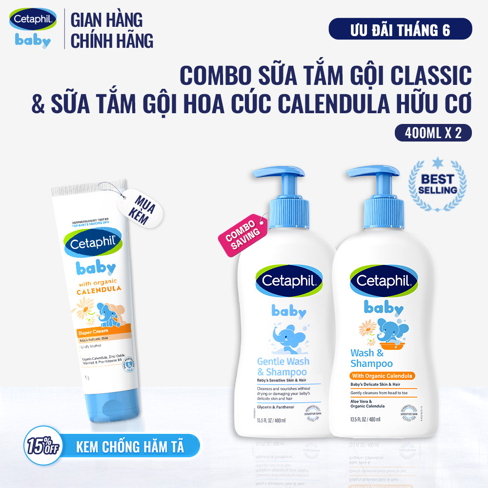 Combo sữa tắm gội dịu lành cho bé GENTLE W&S 400ML &  Sữa tắm dưỡng ẩm dịu lành cho bé với Calendula W&S 400ML