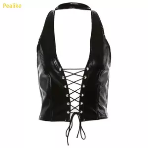Pealike Nữ Punk Không Tay Crop Dây Lưng Giả Da Ren Rỗng Áo Vest