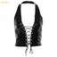 Pealike Nữ Punk Không Tay Crop Dây Lưng Giả Da Ren Rỗng Áo Vest