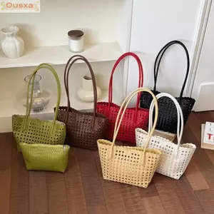 OUSXA Túi đeo vai rỗng, Túi Tote dệt dây đeo có thể tháo rời PU, đi biển kỳ nghỉ màu nâu đậm mùa hè Túi đeo vai nữ sử dụng hàng ngày