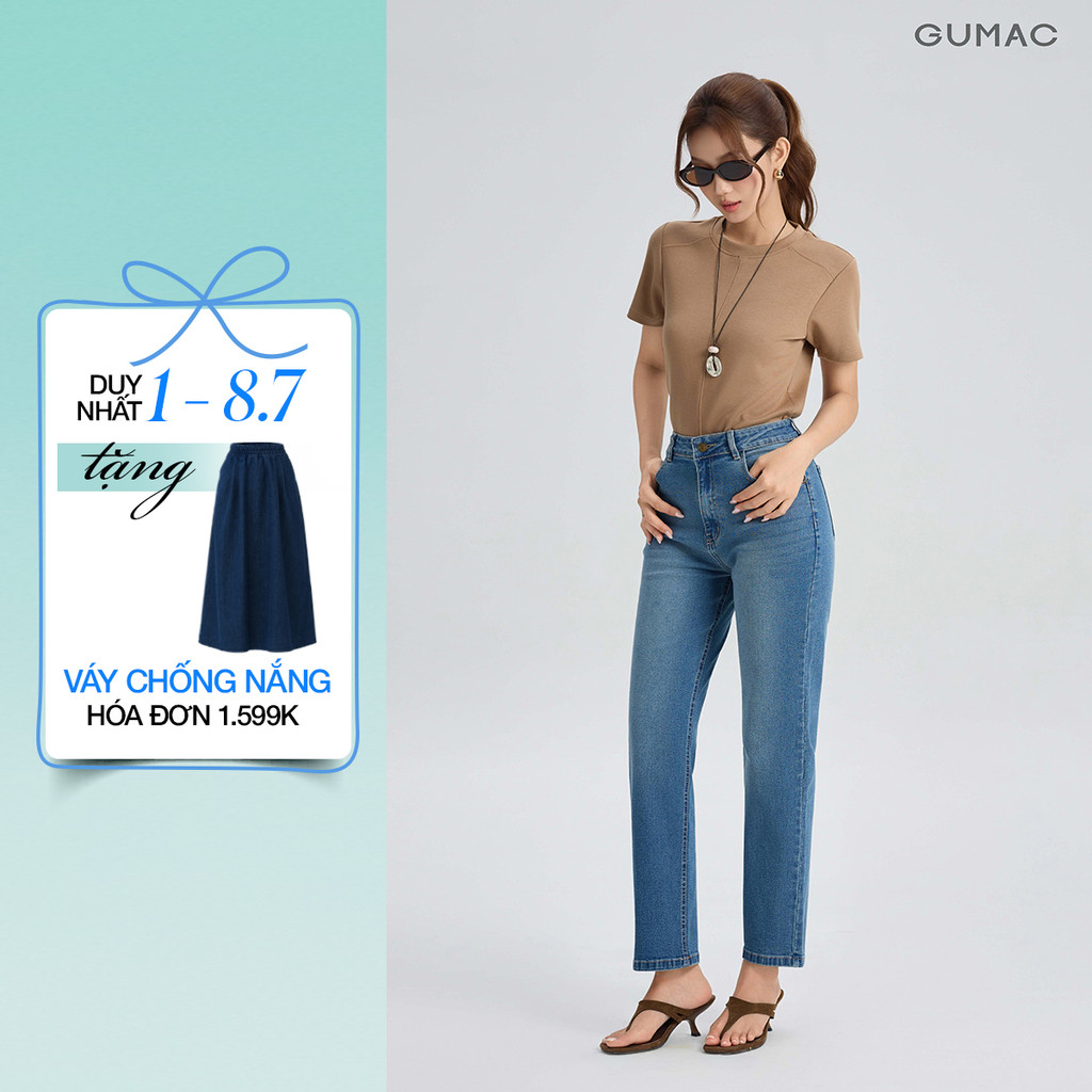 Quần Jeans Nữ GUMAC Form Ống Ôm Co Giãn Bảng Lưng Con Đỉa Nút Logo Sang Trọng QJG07090