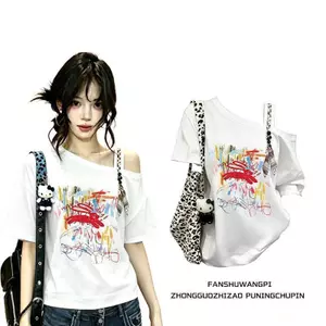 Phim hoạt hình mùa hè 2026 Ruy băng in hình Graffiti Váy ngắn tay Thiết kế thích hợp Slim-fit Slimmer Look Casual All match Trendy Top Women