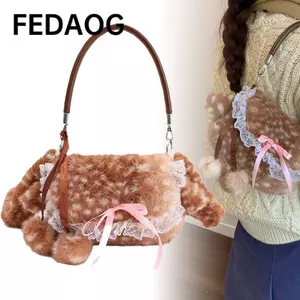 Túi Tote sang trọng FEDAOG, Túi đeo vai lông tơ thẩm mỹ ren chắp vá, Y2k Tất cả các trận đấu Túi đeo nách nơ cổ tích ngọt ngào