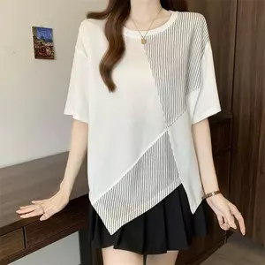 Mùa hè 2026 Plus size Áo thun ngắn tay giả hai mảnh sọc béo không đều khâu rộng che xác thịt Giảm tuổi