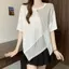 Mùa hè 2026 Plus size Áo thun ngắn tay giả hai mảnh sọc béo không đều khâu rộng che xác thịt Giảm tuổi