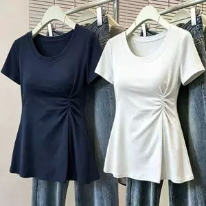 Mùa hè 2026 Plus size Xếp ly Áo thun ngắn tay vai trang trọng Niche Phong cách phương Tây Bao phủ rộng thịt Slimer Look All-Match Hơi
