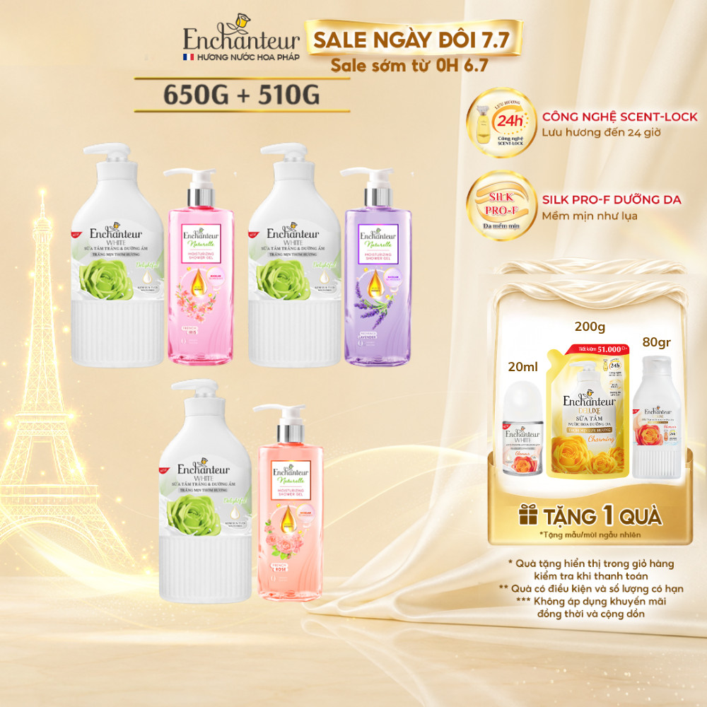 Combo Sữa tắm trắng da hương nước hoa Pháp Enchanteur White Delightful 650g + Sữa tắm thiên nhiên Naturelle 510g