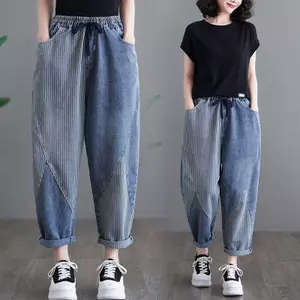 Mùa xuân Thu 2026 Phong cách Hàn Quốc Sọc dọc Khâu quần Hậu cung Denim Kích thước lớn Dây rút eo cao dáng rộng đến mắt cá chân Bao phủ thịt thon gọn hơn