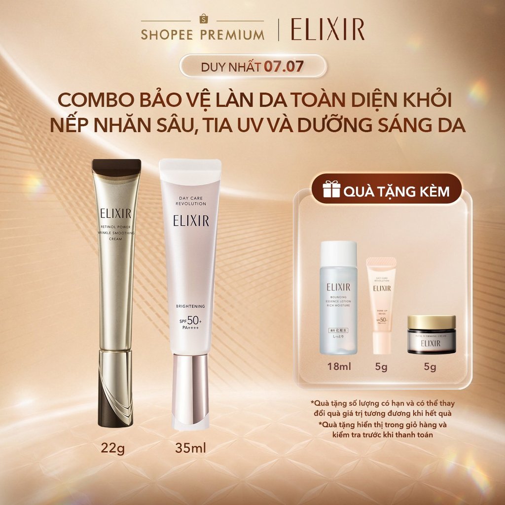 COMBO Kem dưỡng da cải thiện ELIXIR RETINOL POWER WRINKLE SMOOTHING CREAM 22g + Sữa chống nắng dưỡng sáng da ngăn ngừa l