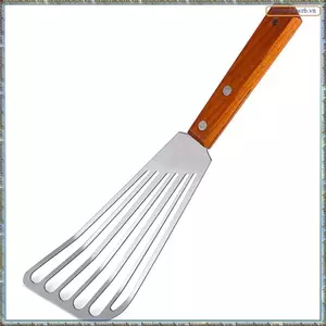 Thìa cá bằng thép không gỉ Turner, Thìa cá tay cầm bằng gỗ, Thìa có rãnh, Thìa kim loại nhà bếp để chiên lật