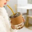 Cốc Thủy Tinh 450ML Bọc Da Cao Cấp Có Nắp Đậy Và Ống Hút