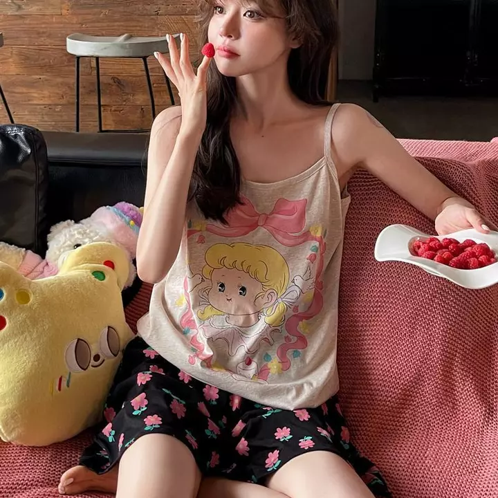 Bộ Đồ Ngủ Nhà Dễ Thương Fat MM Bộ Đồ Ngủ Hoạt Hình Bộ Đồ Ngủ Hoa Bộ Đồ Sling Bộ Đồ Mùa Hè Plus Kích Thước Bộ Đồ Rời Bộ Đồ Có Thể Mặc Bên Ngoài Homewear Nữ Bộ Đồ Ngắn-