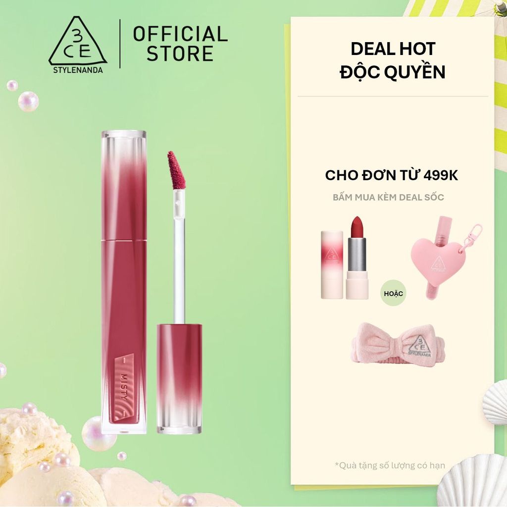 Son Tint Hiệu Ứng Pha Lê 3CE Misty Lip Bare Mỏng Nhẹ Trong Veo, Bền Màu, Mịn Mượt, Không Bết Dính
