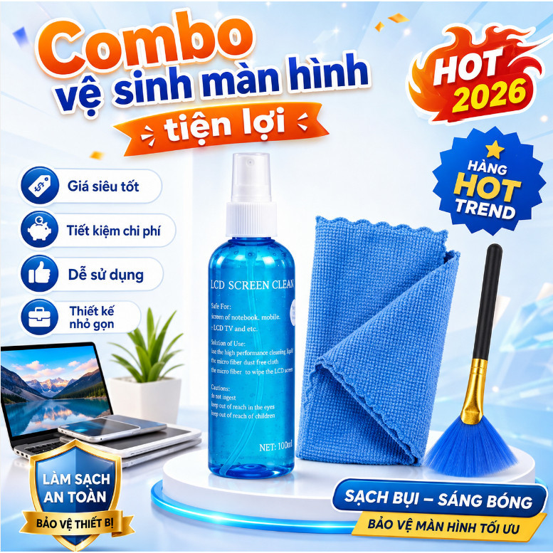 Nước Lau Màn Hình 100ML Cho Laptop Điện Thoại TV Tablet Sạch Bụi Dấu Vân Tay Không Độc Hại Kèm Khăn