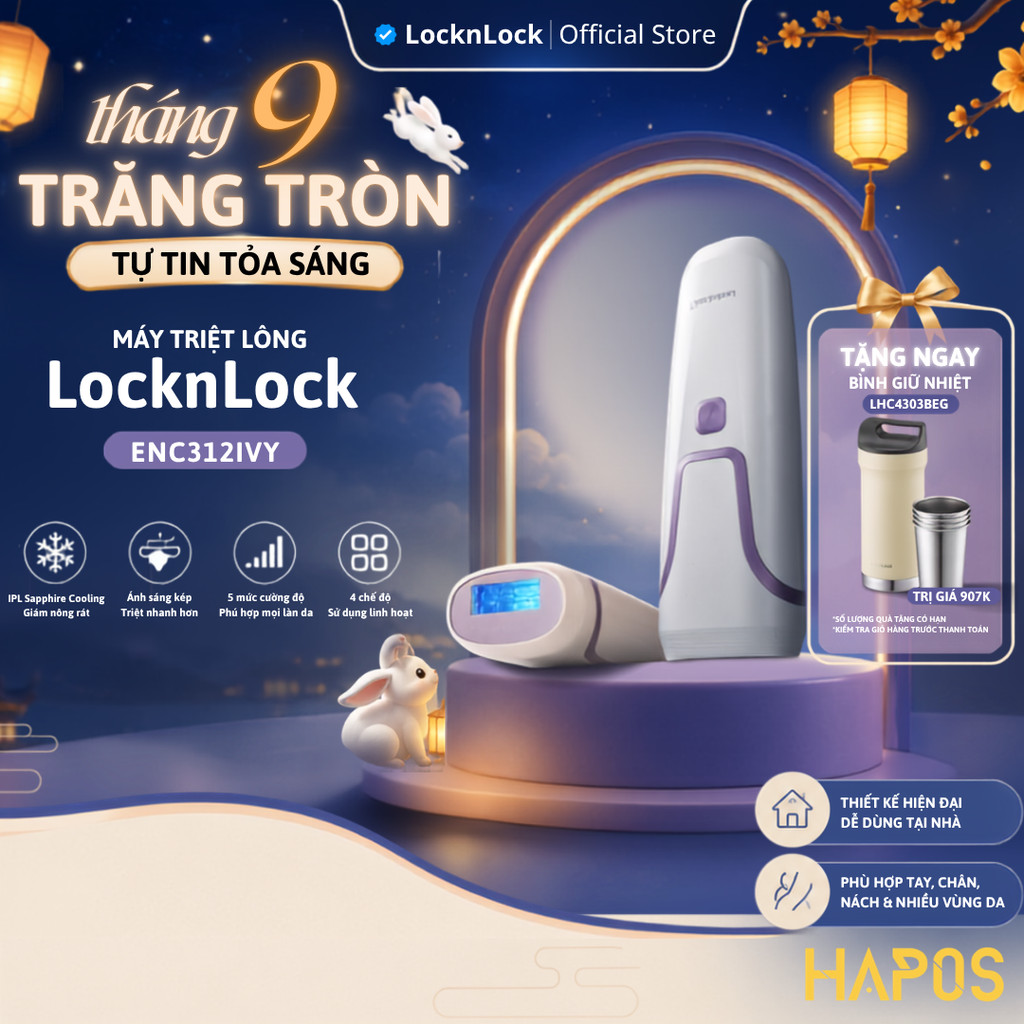 Máy triệt lông LocknLock IPL tự động ENC312IVY, làm lạnh Sapphire Cooling, ánh sáng kép - HAPOS LOF