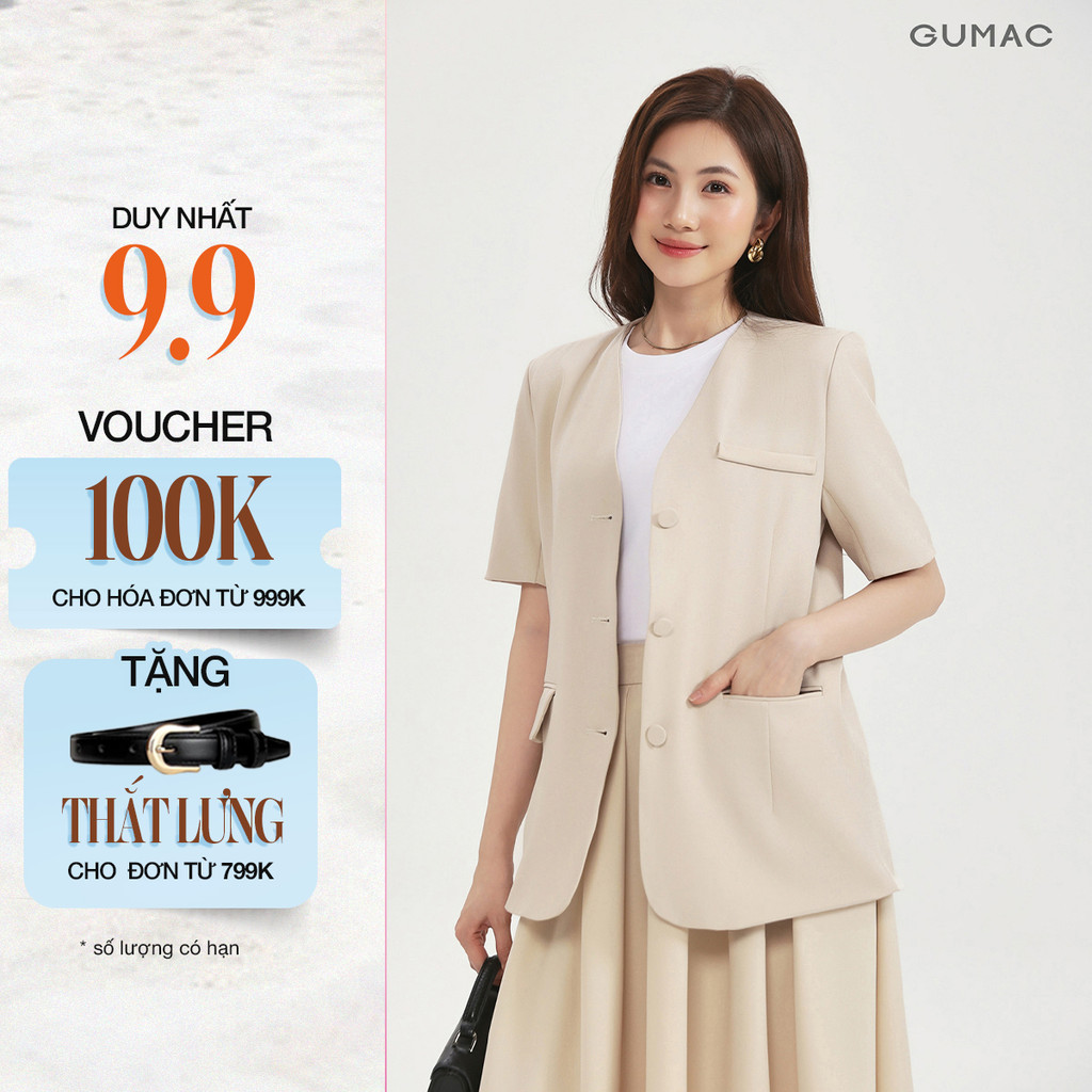Áo Blazer Tay Ngắn GUMAC Dáng Suông Đệm Vai Mỏng Thiết Kế 2 Lớp Cao Cấp LOWG0104
