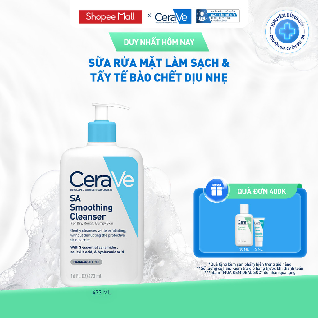 Sữa rửa mặt làm sạch da, loại bỏ dầu thừa và tẩy tế bào chết dịu nhẹ không gây khô da CeraVe SA Smoothing Cleanser 473ML