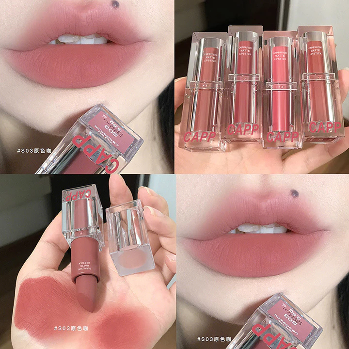 Son môi acrylic trong suốt Cappuvini, son lì trang điểm, mỹ phẩm cho học sinh, son môi tông nude.