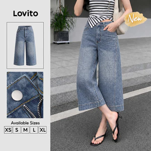 (New Arrival) Lovito Quần Jeans nữ màu Xanh dáng thường ngày màu trơn cạp Cao ống đứng Denim đã giặt khóa kéo phù hợp đi làm mùa xuân mùa hè và cuối tuần JNB204P1D690