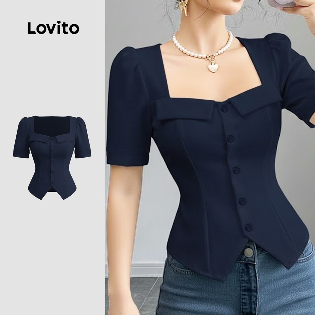Lovito Áo Kiểu Thanh Lịch Cài Cúc Màu Xanh Dương Thích Hợp Cho Mùa Xuân Hè Dành Cho Nữ LK3ED619