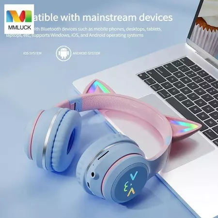 Tai nghe Bluetooth tai mèo MMLUCK, Tai nghe không dây chuyển màu tai mèo ABS, Bluetooth không dây có micrô Tai mèo Tai qua tai Tai nghe máy tính Máy nghe MP3