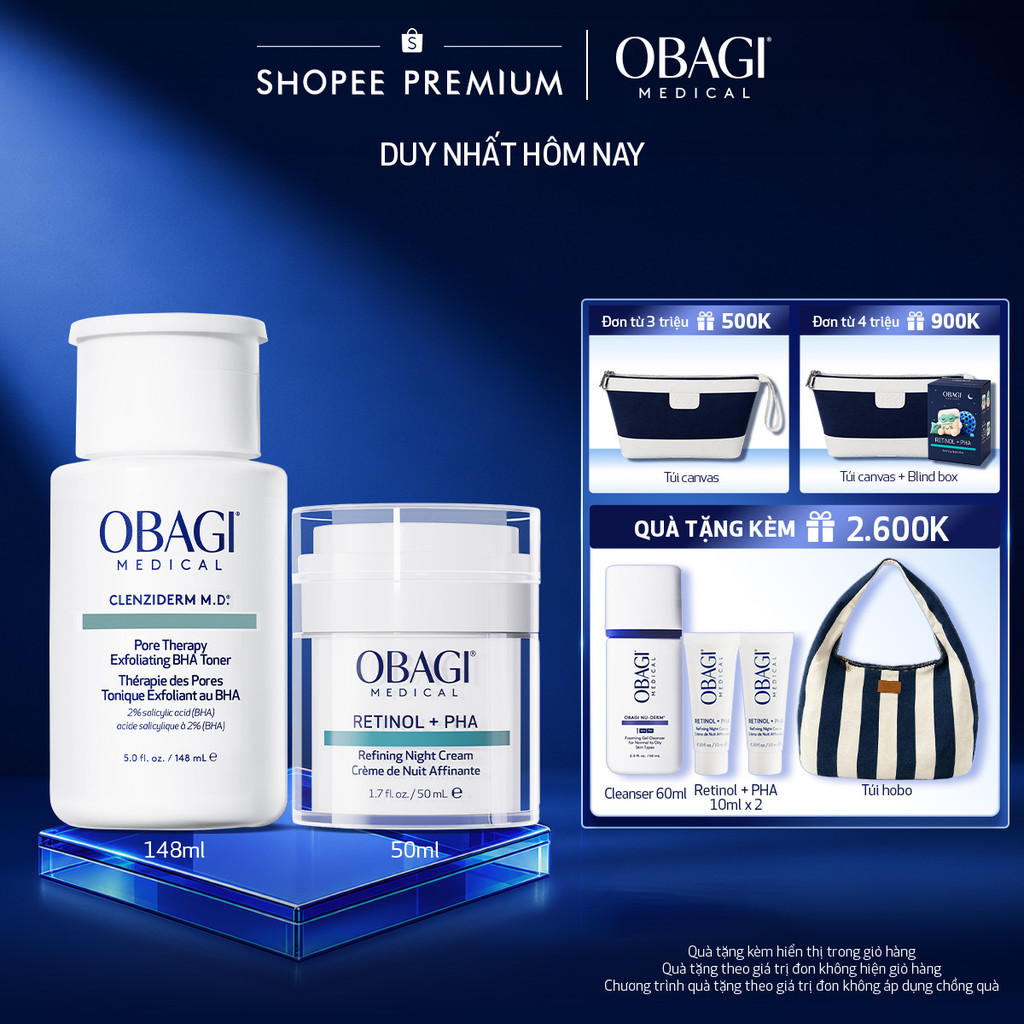 [Voucher SVIP 18%] Bộ đôi Kem Dưỡng Đêm Obagi Retinol + PHA 50ml và Toner Obagi Clenziderm M.D. Exfoliating 2% BHA 148ml