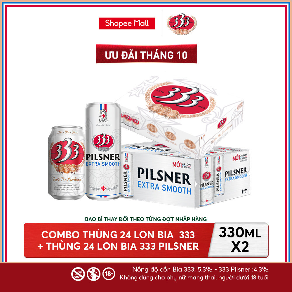 Nồng độ cồn 5.3% - Combo 1 Bia 333 24 Lon 330ml + Nồng Độ Cồn 4.3% - 1 Bia 333 Pilsner 24 Lon 330ml